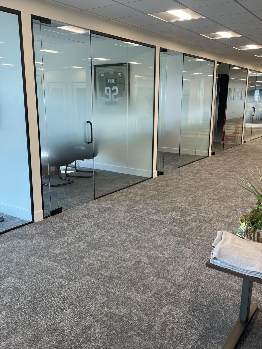 Frameless glass office door with black pull