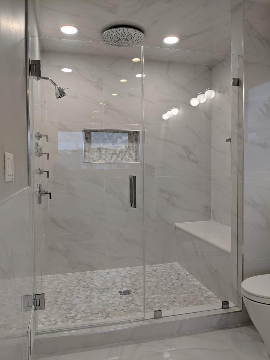 Frameless shower door and panel with rain head
