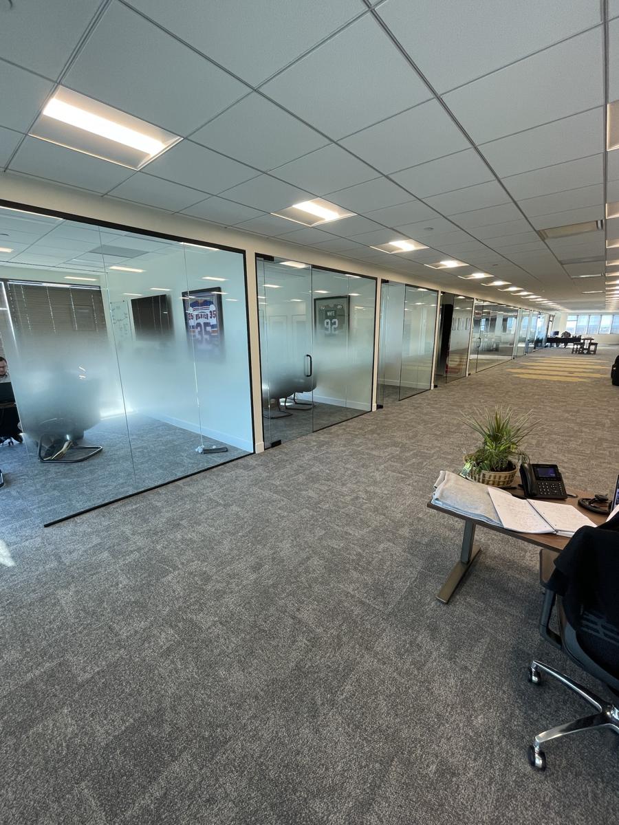Office glass partitions with frosted privacy band