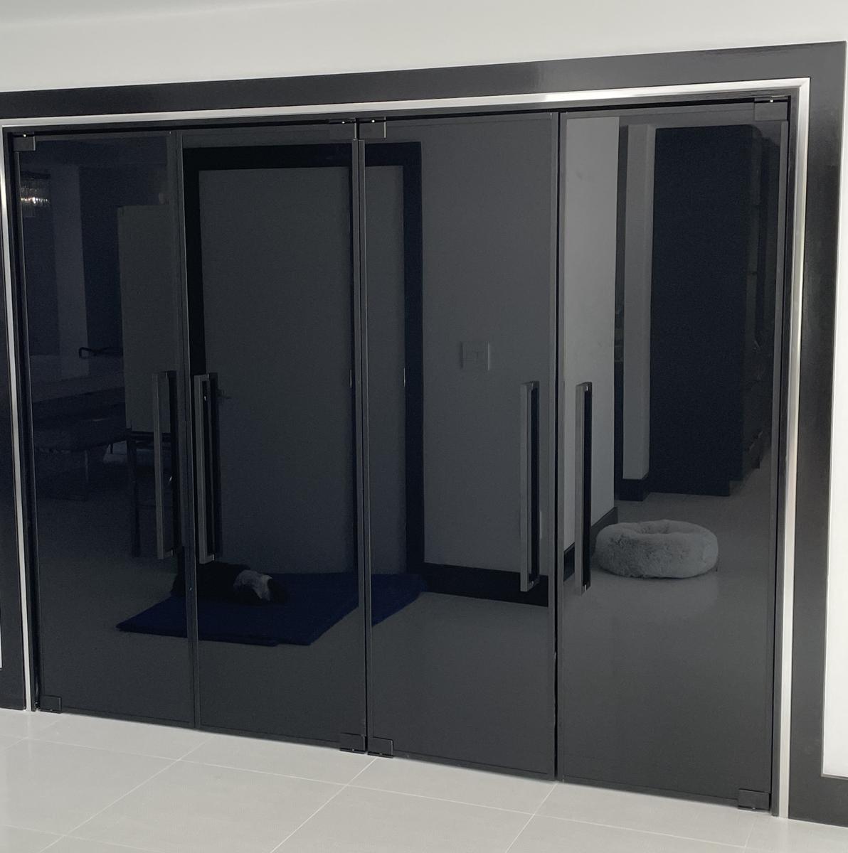 Four-panel smoked gray glass doors with black pivots and pulls